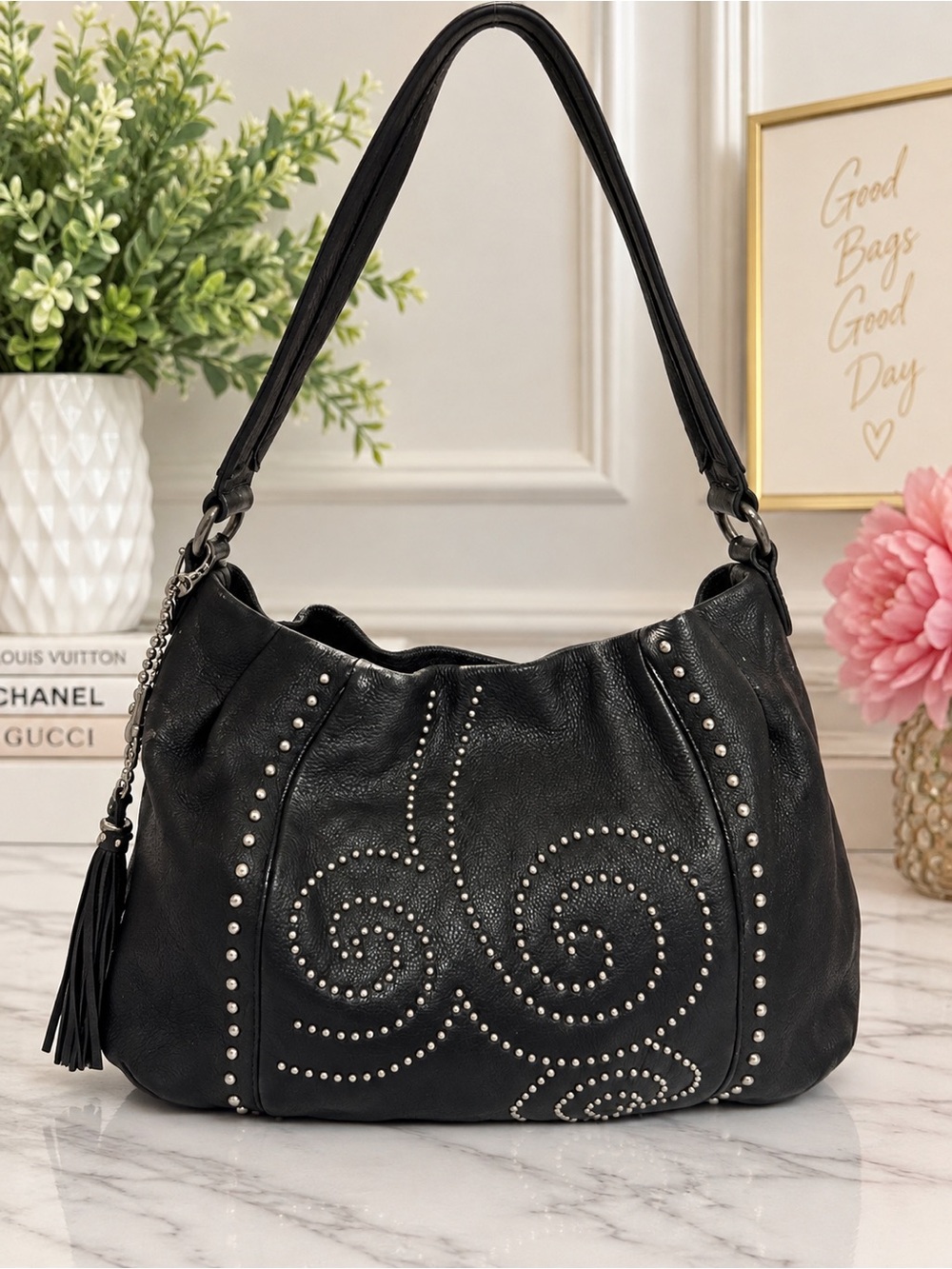 Brighton Black Leather Pretty Though Starlet Hobo Studded Shoulder Bag Tassel